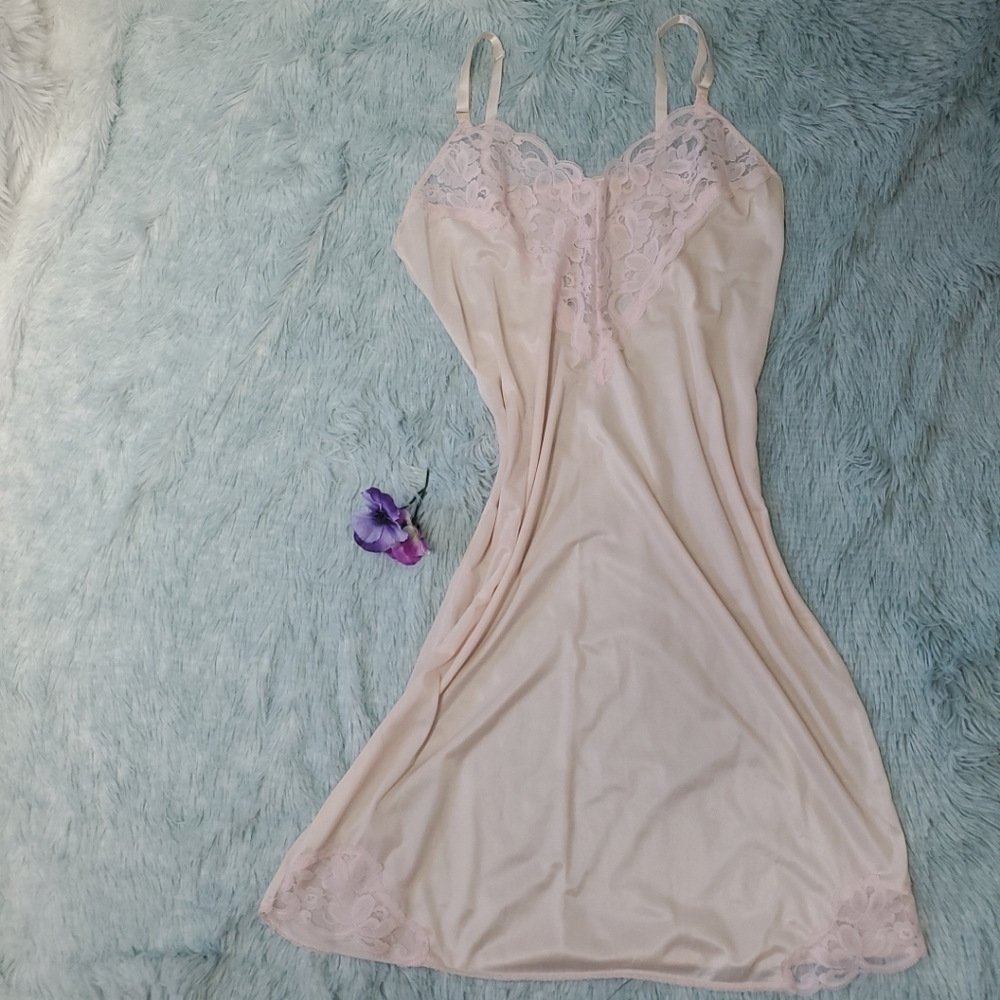 Vintage SEARS Full Slip Dress PINK SATIN NYLON Nightgown Lingerie USA SMALL 34
